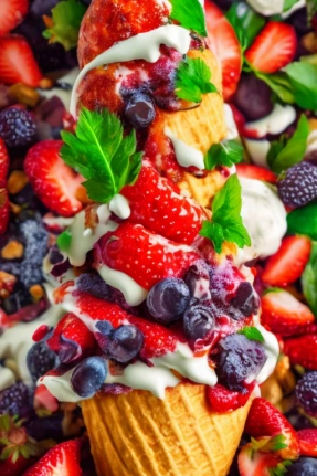 ArtSmart: a close up of a cone of ice cream with strawberries and blueberries